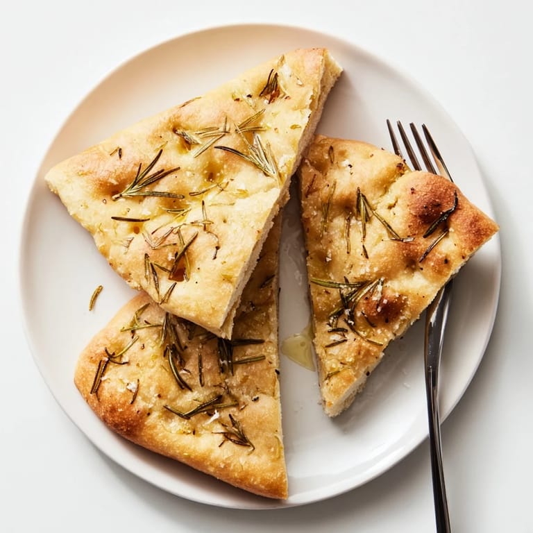Close-up of beautifully sliced Holiday Bread, with rosemary sprigs and glistening olive oil.