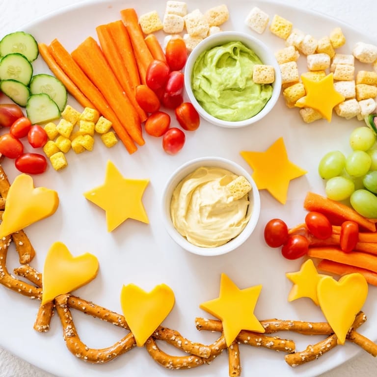 Cheerful Kids Snack Adventure Map with cheese shapes and fresh veggies creating a fun snack.
