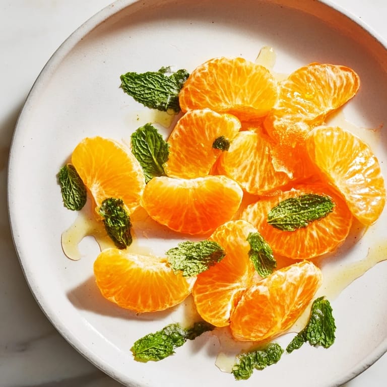 This light and lovely clementine and mint winter fruit salad is garnished with fresh mint sprigs.