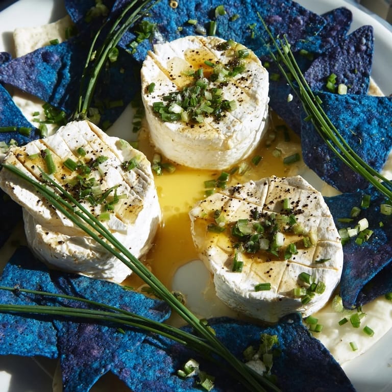 Goat cheese and gouda stepping stones appetizer arranged on a bed of blue corn chip "river".