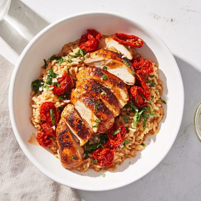 Close-up of a bubbling skillet of Marry Me Chicken Orzo, showcasing fresh basil and parmesan cheese.
