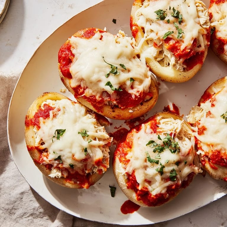 A close-up of delicious Marry Me Chicken Stuffed Shells, baked with sun-dried tomato sauce and extra cheese.
