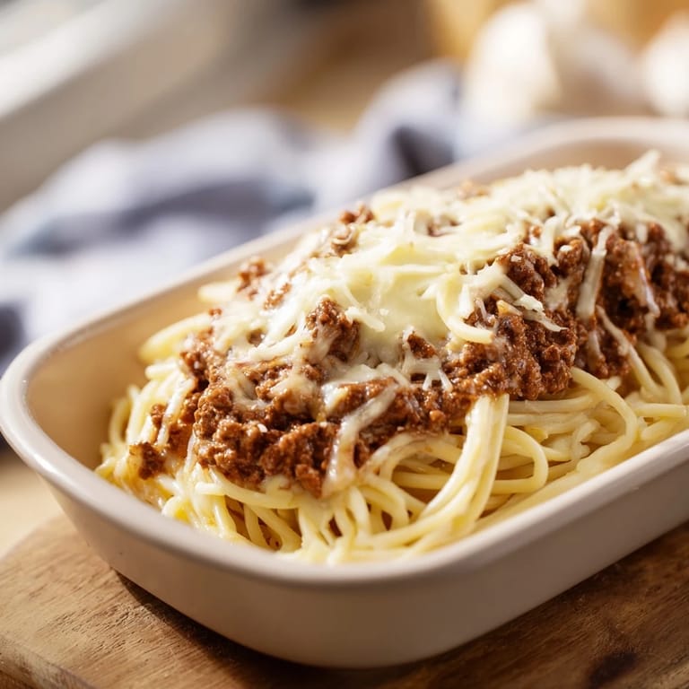 Golden-brown, cheesy Tini's Baked Spaghetti casserole, perfect comfort food, ready to be enjoyed as a main dish.