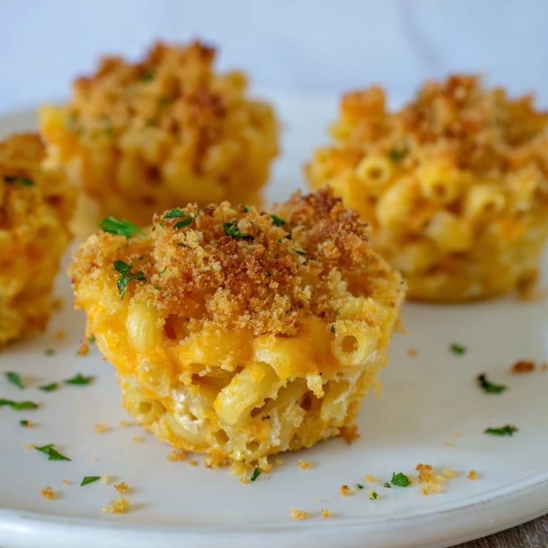 Ein Teller voller Mini-Muffins: Diese Tinis Mac and Cheese haben goldene Brotkrumen und cremigen Käse.