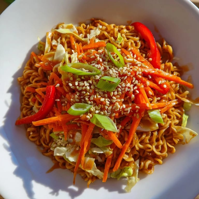 A flavorful spicy ramen stir fry, garnished with sesame seeds and green onions, ready to eat.