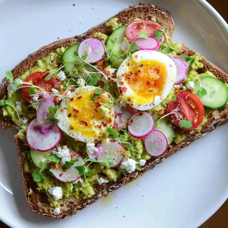 Enjoy a delicious bite of colorful loaded avocado toast with feta and fresh herbs.