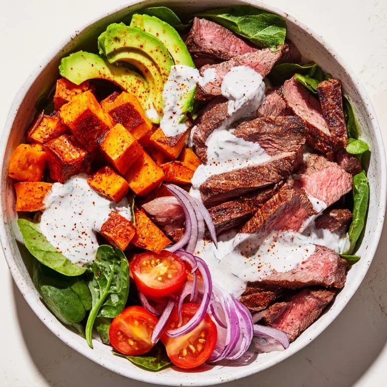 A close-up of a loaded beef avocado sweet potato bowl, ready to enjoy with fresh cilantro.