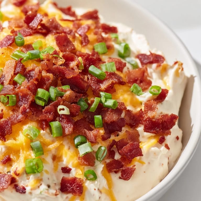 Golden, melted cheese blankets this Cheesy Bacon Ranch Dip, with visible bits of crispy bacon sprinkled on top.