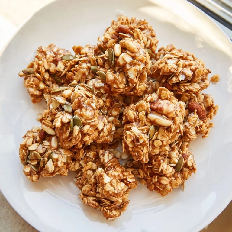 Close-up of crispy, homemade Honey Nut Granola Clusters with a drizzle of honey in a bowl.
