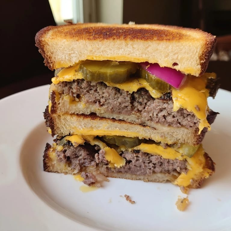 Perfectly grilled and stacked high, this Smashed Burger Grilled Cheese looks incredibly satisfying.