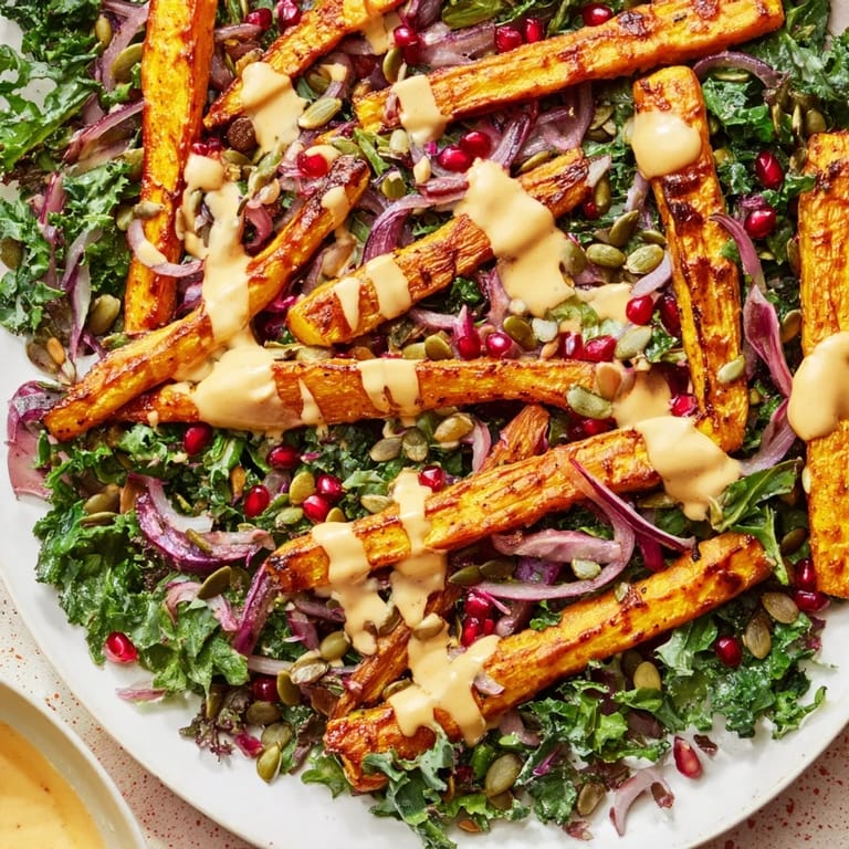 A colorful Roasted Carrot Salad, showcasing tender carrots with a flavorful tahini-lemon dressing and vibrant garnishes.