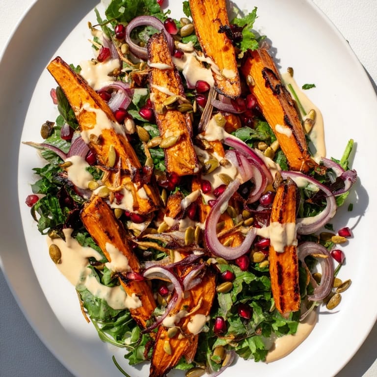 Fresh salad with roasted carrots: a vegan feast with tahini-lemon drizzle and crunchy seeds.