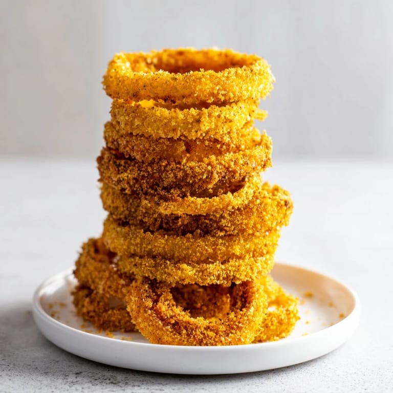 A delicious close-up of a crispy onion ring tower; imagine the satisfying crunch!