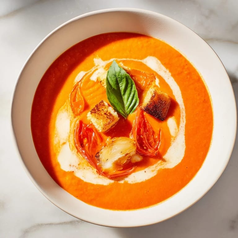 Köstliche cremige, geröstete Knoblauch-Tomatensuppe, garniert mit frischem Basilikum und serviert heiß.