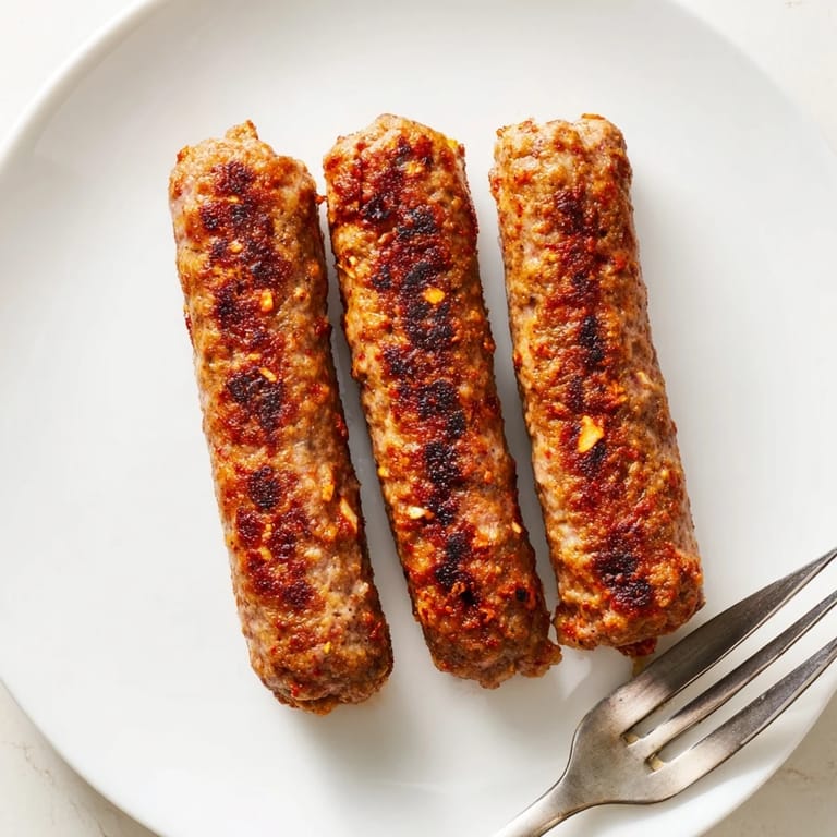 A close-up of delicious Romanian mici, perfectly charred, with visible spices and juicy texture.