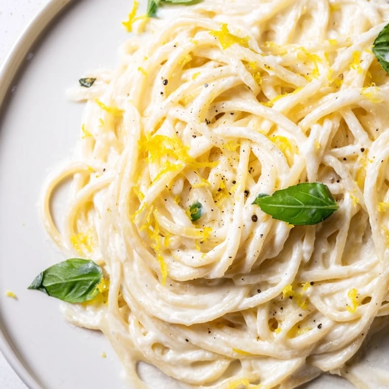 Eine Schüssel Lemon Ricotta Pasta mit blattgrünem Basilikum und frisch gemahlenem schwarzem Pfeffer für eine fruchtig-würzige Essensempfehlung.  