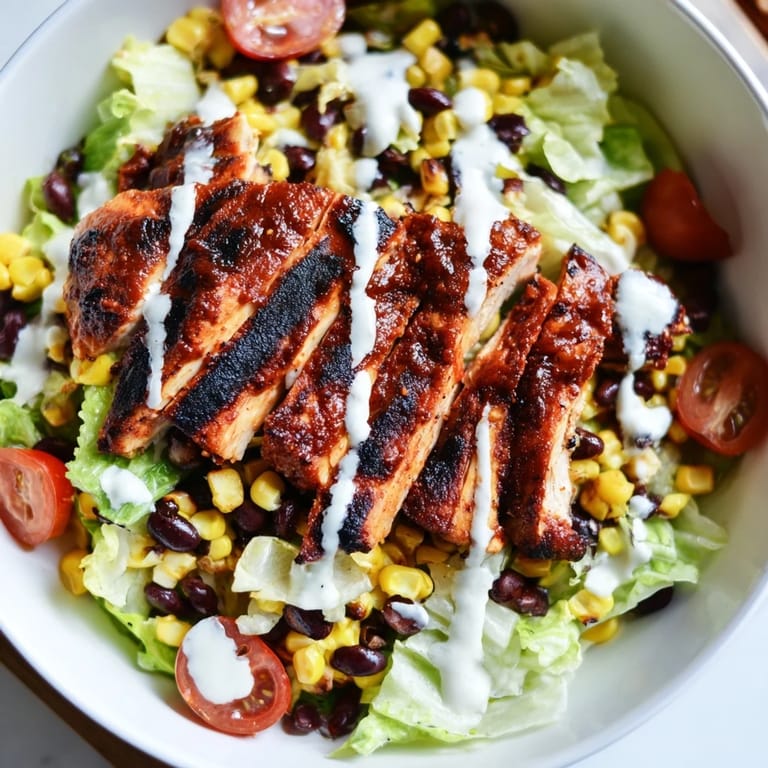 Herzhafter BBQ Hähnchen-Salat mit zartem Hähnchen, knusprigem Salat, gegrilltem Mais und cremigem Ranch-Dressing für ein sättigendes Abendessen.