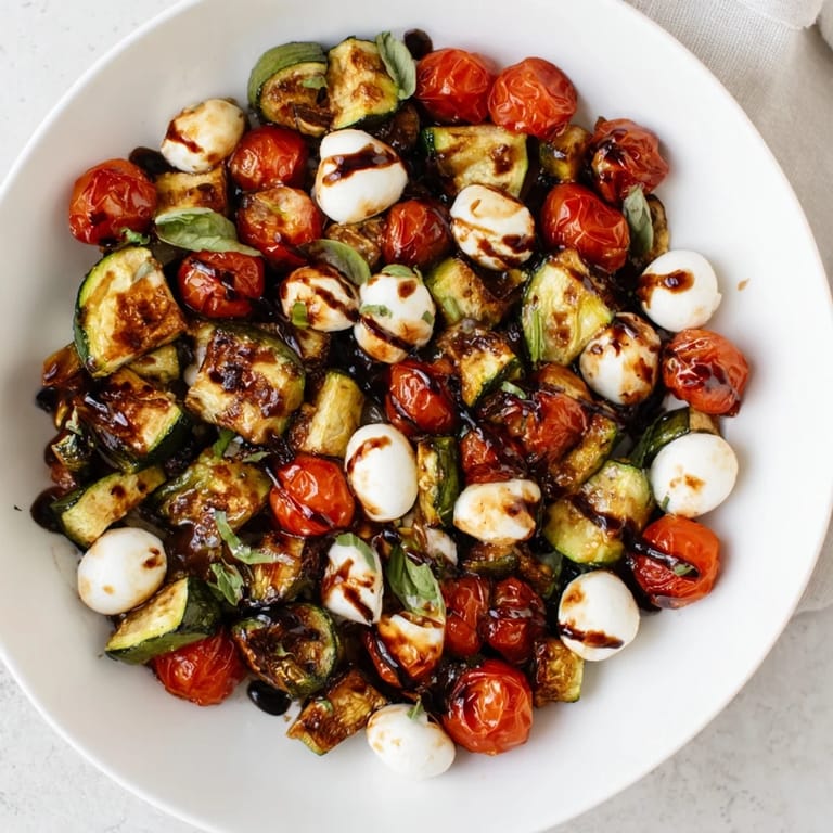 Geröstetes Gemüse-Caprese-Salat frisch mit Basilikum und cremigen Mozzarella auf einem Tellermittel für eine farbenfrohe Mahlzeit.
