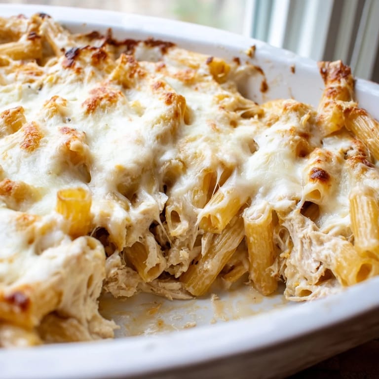 Saftiges Hühnchen in Penne mit cremiger Ranch-Sauce und bubbeligem Mozzarella, goldbraun im Ofen gebacken und mit frischen Schnittlauchzwiebeln garniert.