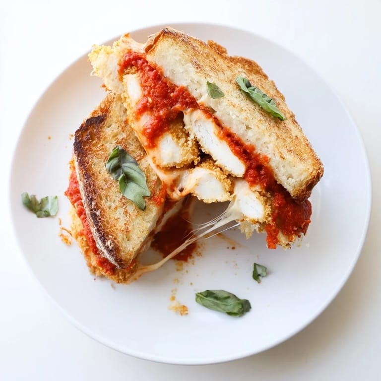 Ein würziges Chicken Parm Grilled Cheese Sandwich mit knuspriger Panade und goldenem, knusprigem Brot, soeben aus der Pfanne genommen.