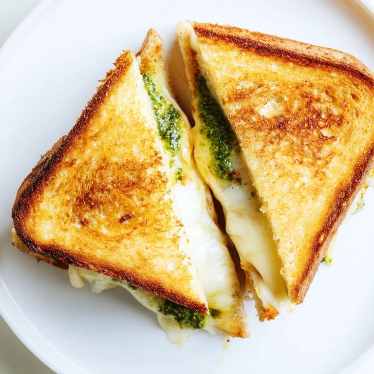 Goldbraun gegrilltes Sourdough Pesto Grilled Cheese Sandwich liegt auf dem Teller mit Kruste.