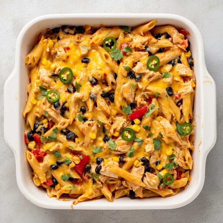 Layers of penne, shredded chicken, black beans, and spicy salsa make this Chicken Burrito Pasta Bake irresistible.