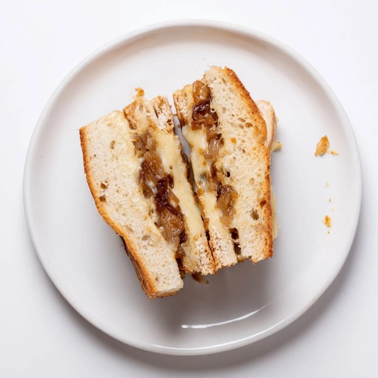 Grilled cheese sandwich with melted cheese and caramelized onions.