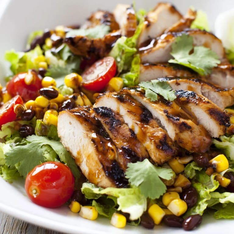 A vibrant honey lime chicken taco salad with juicy grilled chicken, ripe avocado, corn, and fresh cilantro garnish.