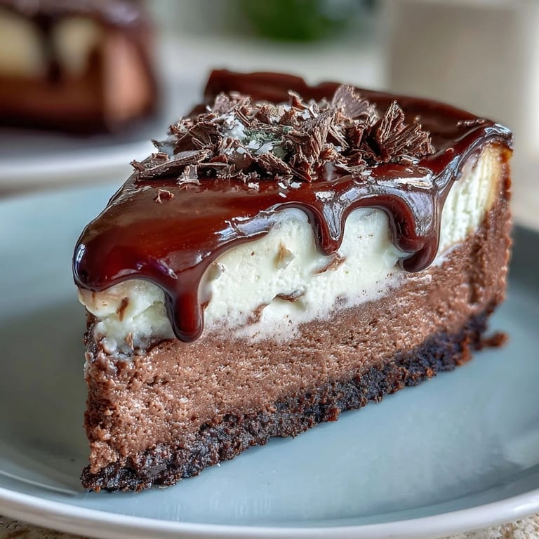 Smooth, rich texture of a high-protein chocolate cheesecake topped with creamy Greek yogurt and honey drizzle.