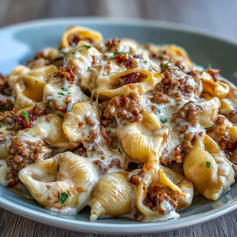 Tender beef and pasta shells simmered in a rich tomato cream sauce in one skillet.