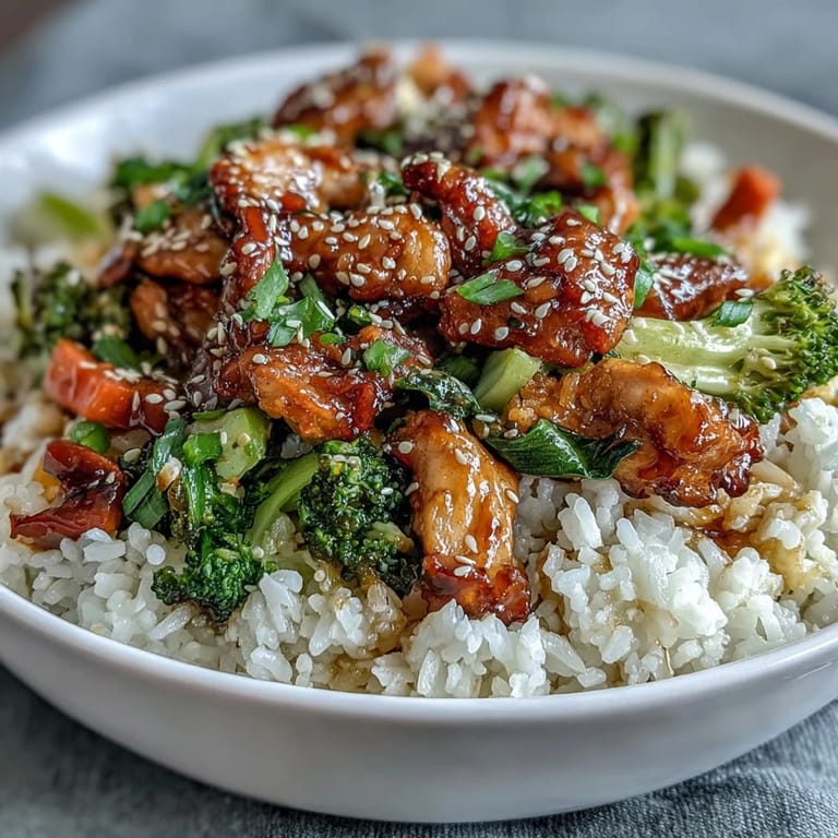 Goldbraune hähnchenstücke und grüne brokkoliröschen auf einem bett aus fluffigem reis.