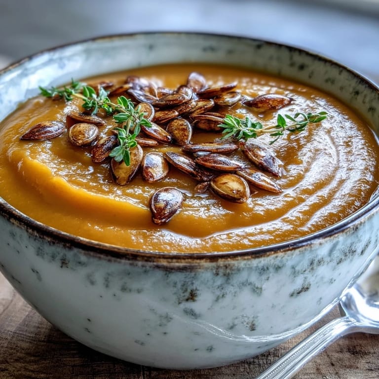 Frisch pürierte Butternuss-Kürbis-Suppe dampft in einer rustikalen Schüssel, perfekt für kalte Tage.