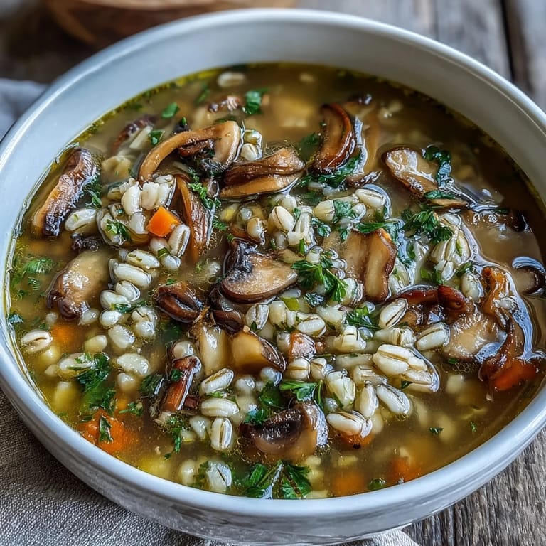 Geschmorte Pilze und perliges Gerste in einer herzhaften Mushroom Barley Soup, gekocht mit Karotten und Sellerie.