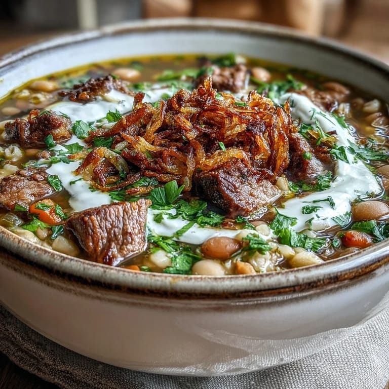 Herzhafte Beef Barley Soup mit saftigem Rindfleisch, Bohnen, Linsen und einem Hauch Minze, perfekt für nasskalte Tage.