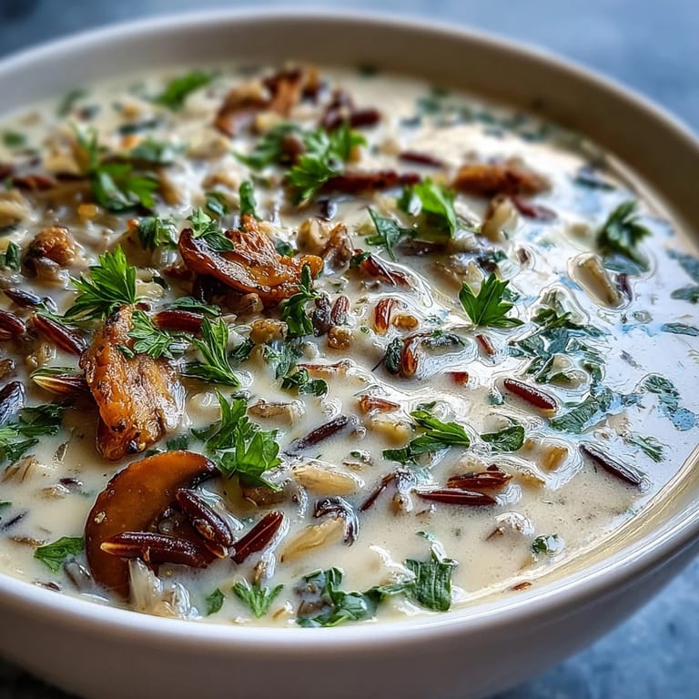 Rustikale Wild Rice Mushroom Soup, angerichtet mit Brot, um die herzhafte Brühe zu genießen.
