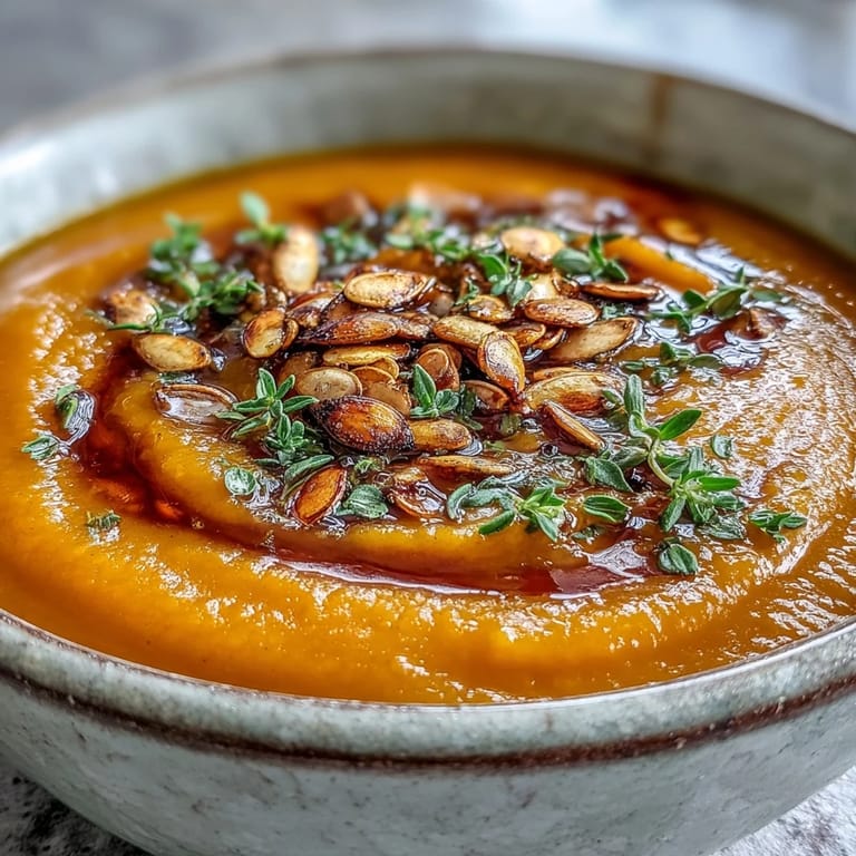 Herzhafte Butternut Squash Soup mit cremiger Kokosmilch und einem Hauch Zimt angerichtet.