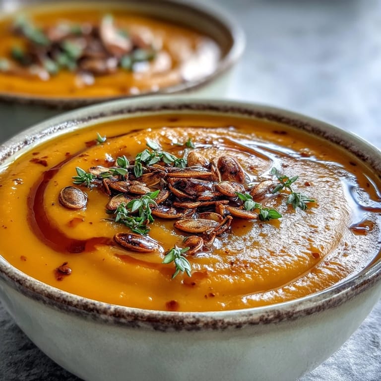 Gebratene Butternut Squash Soup wird warm mit Ahornsirup und einem Stück Brot serviert.