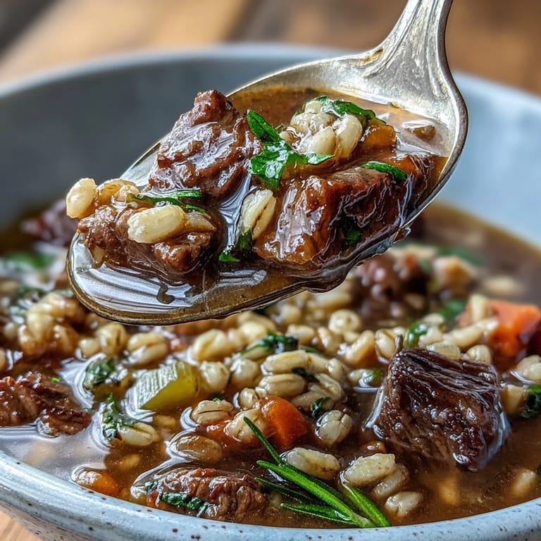 Beef and Barley Soup ladled into a warm mug beside crusty bread, perfect for a comforting American dinner.