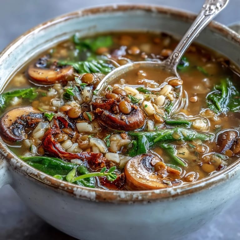Köstliche Double Lentil and Mushroom Barley Soup mit frischer Petersilie garniert auf rustikalem Tisch.
