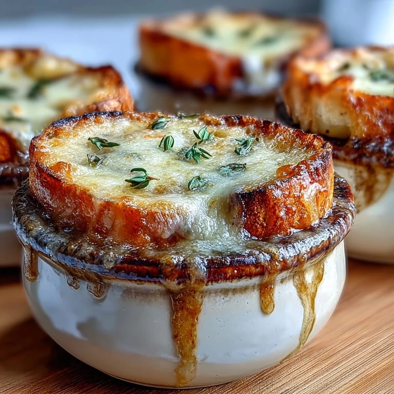 Schmelziger Käse über duftender French Onion Soup mit frischem Thymian auf einer rustikalen Holzplatte.