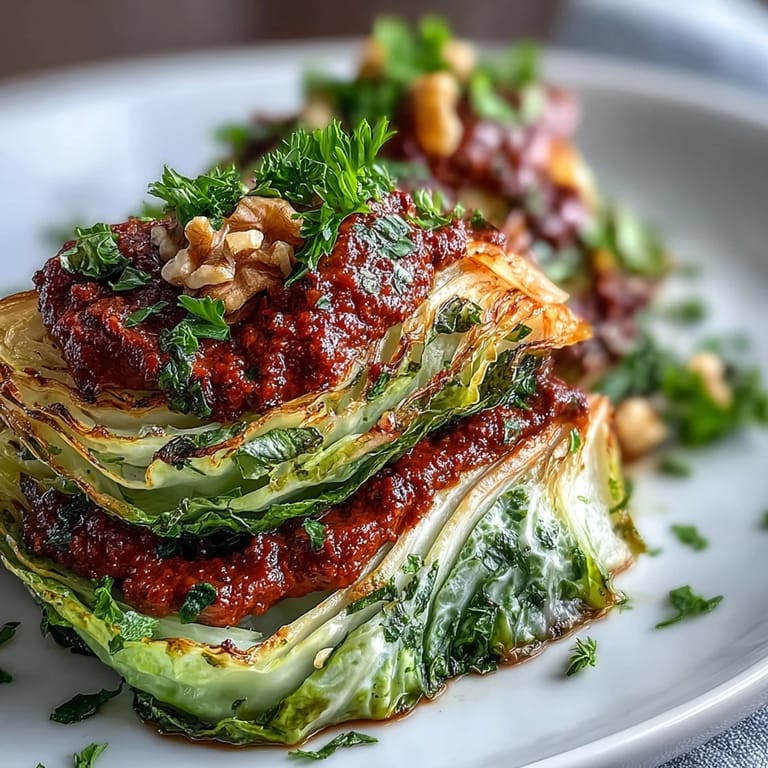 Warmes Baked Cabbage Salad With Winter Romesco mit goldbraunen Rändern und cremiger Walnuss-Sauce aus dem Ofen.