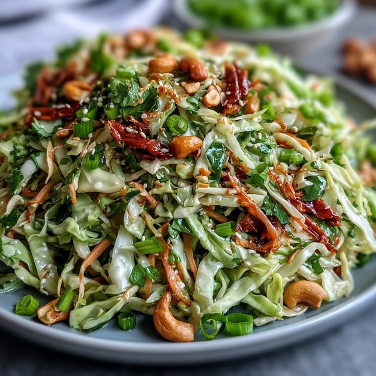 Gesunder Asian Cabbage Salad serviert auf einem Teller mit Zitronenscheiben und Schoten als leichtes Gericht für Grillfleisch.
