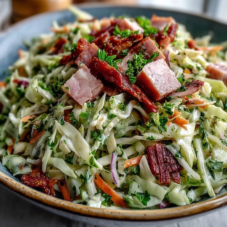 Nahaufnahme von German Cabbage Coleslaw mit Shredded Ham und roten Rettichstreifen in einer rustikalen Schüssel.