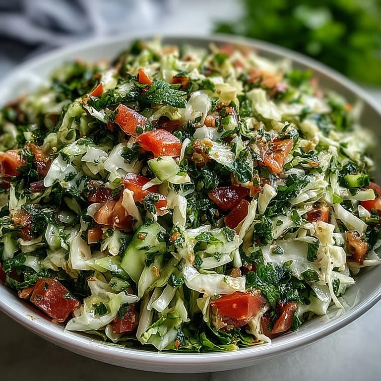 Genussvoller Lebanese Cabbage Salad mit Tomaten, Gurken und nussigen Mandeln auf hellem Teller.