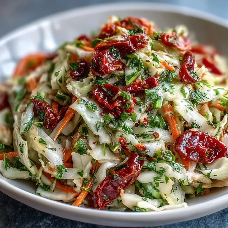 In einer breiten Schüssel liegt der Cabbage Salad With Sundried Tomatoes, garniert mit frischen Schnittlauch und Petersilie.