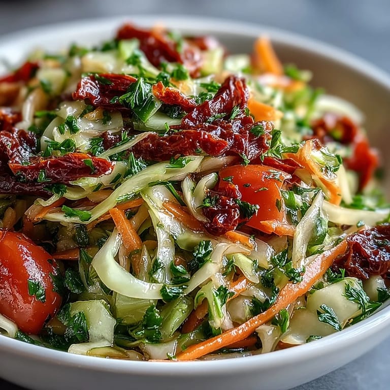Der Cabbage Salad With Sundried Tomatoes kommt mit einer würzigen Kräutervinaigrette und goldenen Sonnen- getrockneten Tomaten.