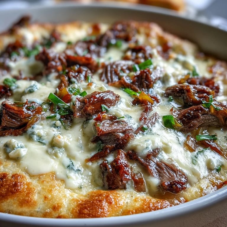 Der Philly Cheesesteak Dip dampft aus dem Ofen, voll mit karamellisierten Zwiebeln und serviert mit knusprigen Tortilla-Chips.