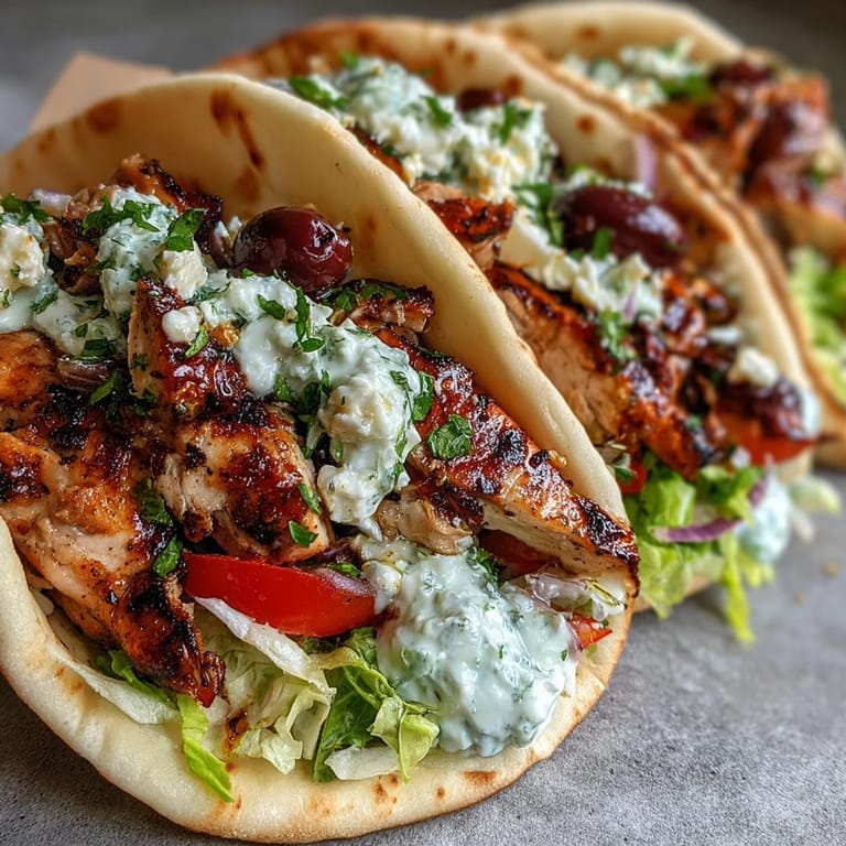 Freshly grilled Mediterranean Chicken Gyros with vibrant tomatoes, cucumbers, and a generous dollop of tangy feta tzatziki on toasted pita.