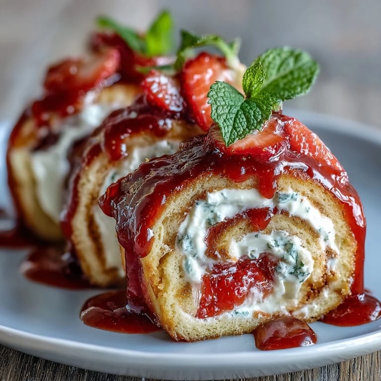 Frisch aufgeschnittene strawberry-shortcake-sushi-roll mit cremiger textur und glänzender weißer schokolade, bereit zum genießen.