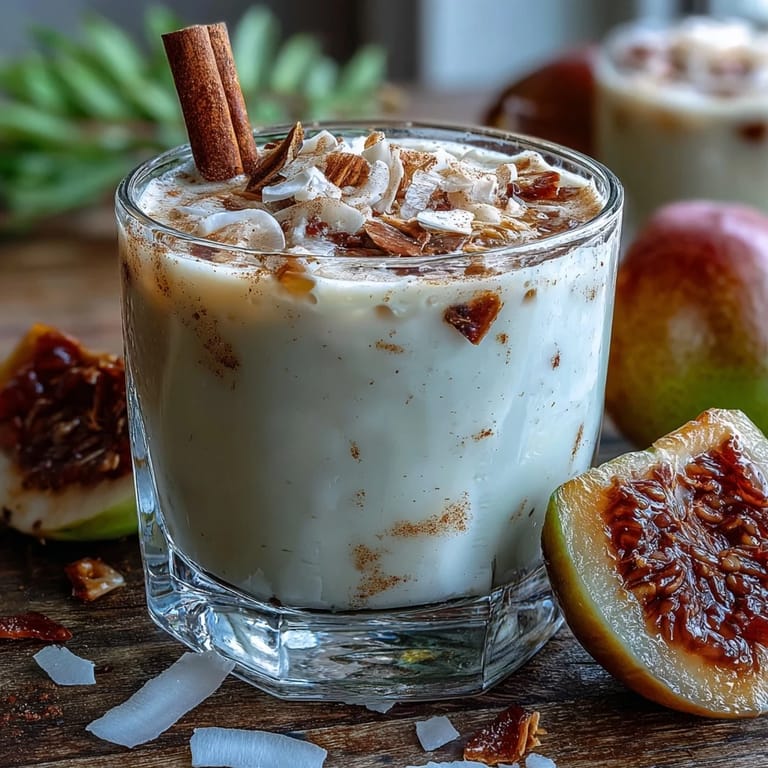 Homemade Guava Coquito served chilled in a small glass with a cinnamon stick stirrer.